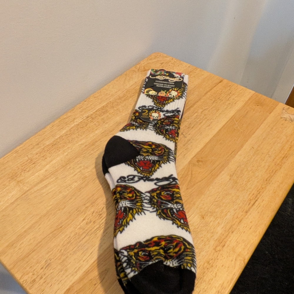 Ed Hardy White Crew Socks with Multicolor Tiger Motifs